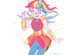 Size: 1774x1287 | Tagged: safe, artist:vilkadvanoli, rainbow dash, human, equestria girls, g4, clothes, crystal guardian, crystal wings, dress, female, ponied up, pony ears, ponytail, solo, tongue out, wings
