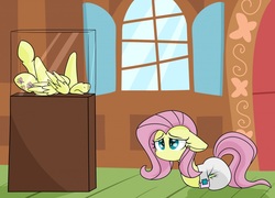 Size: 1280x922 | Tagged: safe, artist:skitter, edit, fluttershy, pegasus, pony, worm pony, g4, acrotomophilia, amputee, diaper, diaper fetish, female, fetish, floppy ears, flutterbean, fluttershy's cottage, frown, glass case, legless, limbless, mare, modular, no mouth, non-baby in diaper, poofy diaper, prone, quadruple amputee, sad, sextuple amputee, solo, wingless