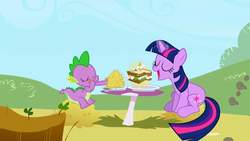 Size: 1280x720 | Tagged: safe, screencap, spike, twilight sparkle, dragon, pony, unicorn, g4, the ticket master, daffodil and daisy sandwich, duo, eating, eyes closed, female, food, french fries, hay bale, hay fries, male, mare, ponyville, sandwich, unicorn twilight