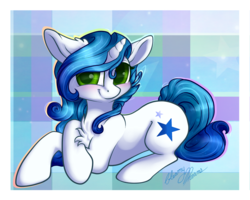 Size: 1892x1515 | Tagged: safe, artist:gleamydreams, oc, oc only, oc:gleamy, pony, unicorn, blushing, chest fluff, curly hair, female, forelegs crossed, green eyes, looking at you, lying down, mare, plaid, prone, signature, simple background, smiling, smiling at you, solo