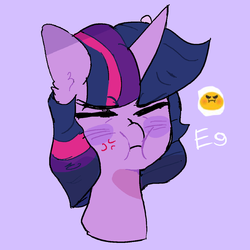 Size: 2500x2500 | Tagged: safe, artist:vilkadvanoli, twilight sparkle, pony, g4, angry, blushing, bust, cross-popping veins, cute, ear fluff, eyes closed, female, high res, madorable, portrait, purple background, simple background, solo, twiabetes