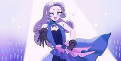 Size: 3768x1908 | Tagged: safe, artist:vilkadvanoli, rarity, equestria girls, g4, bare shoulders, bow, clothes, cute, cutie mark accessory, dress, ear piercing, earring, female, gloves, hand on hip, heart, jewelry, one eye closed, open mouth, piercing, ponied up, raribetes, solo, wink