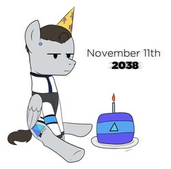 Size: 2424x2392 | Tagged: safe, artist:wolftendragon, artist:wolftenpr0nz, pegasus, pony, robot, birthday, birthday cake, cake, candle, clothes, crossover, detroit: become human, food, hat, high res, jacket, male, nines, party hat, ponified, rk900, simple background, sitting, solo, stallion, unimpressed, video game, white background