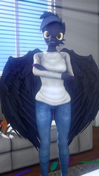 Size: 2160x3840 | Tagged: safe, artist:vladichslg, oc, oc:pixi feather, pegasus, anthro, 3d, anthro oc, clothes, feather, feathered wings, female, fingernails, high res, jeans, pants, pen, rug, solo, source filmmaker, sun, two toned mane, window, wings, yellow eyes