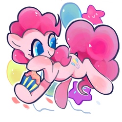 Size: 700x700 | Tagged: safe, artist:fin07, pinkie pie, earth pony, pony, g4, balloon, colored pupils, cupcake, cute, diapinkes, female, food, mare, pixiv, solo, stars