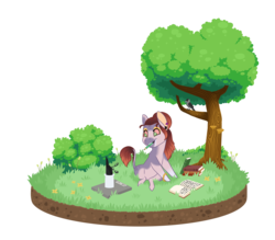 Size: 2500x2193 | Tagged: safe, artist:jackiebloom, oc, oc only, oc:façade persona, bird, earth pony, pony, book, female, filly, grass, high res, mouth hold, simple background, solo, transparent background, tree