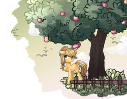 Size: 1200x942 | Tagged: safe, artist:alus, applejack, bird, earth pony, pony, g4, apple, apple tree, cowboy hat, female, fence, hat, mare, missing cutie mark, partial background, pixiv, solo, tree