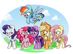 Size: 1841x1349 | Tagged: safe, artist:lou, applejack, fluttershy, pinkie pie, rainbow dash, rarity, twilight sparkle, alicorn, earth pony, pegasus, pony, unicorn, g4, :p, applejack's hat, blushing, cloud, cowboy hat, end of ponies, female, flying, folded wings, freckles, group, hat, horn, mane six, mare, open mouth, sextet, signature, sky, smiling, spread wings, tongue out, twilight sparkle (alicorn), wings