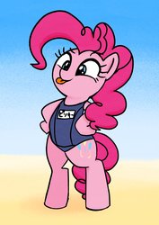 Size: 1448x2048 | Tagged: safe, artist:lemonspark, pinkie pie, earth pony, pony, g4, beach, bipedal, clothes, cute, diapinkes, female, hoof on hip, mare, one-piece swimsuit, solo, sukumizu, swimsuit, tongue out