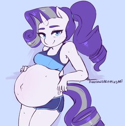 Size: 2270x2296 | Tagged: safe, artist:rainbowsprinklesart, rarity, anthro, g4, the last problem, belly, big belly, blushing, breasts, female, high res, looking at you, older, older rarity, ponytail, preggity, pregnant, solo, thick eyebrows