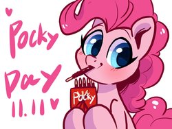 Size: 1600x1200 | Tagged: safe, artist:oofycolorful, pinkie pie, earth pony, pony, g4, blushing, cute, diapinkes, female, food, heart, mare, mouth hold, pocky, simple background, solo, white background