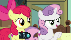Size: 1920x1080 | Tagged: safe, screencap, apple bloom, sweetie belle, earth pony, pony, g4, the last crusade, camera