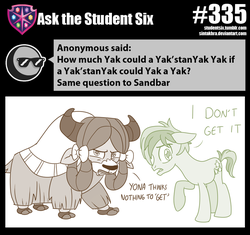 Size: 800x753 | Tagged: safe, artist:sintakhra, sandbar, yona, pony, yak, tumblr:studentsix, g4, ask, confused, derp, looking at you, tumblr, unamused, yona is not amused