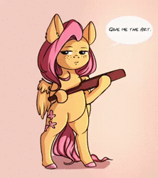Size: 498x560 | Tagged: safe, artist:miokomata, fluttershy, pegasus, pony, semi-anthro, g4, animated, annoyed, arm hooves, bipedal, blinking, chest fluff, dialogue, ear fluff, female, freckles, frown, hoof hold, impatient, lidded eyes, looking at you, loop, mare, no sound, paddle, solo, tan background, webm, wing fluff