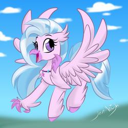 Size: 2000x2000 | Tagged: safe, artist:jen-neigh, silverstream, hippogriff, g4, cloud, cute, diastreamies, female, flying, high res, open mouth, sky, solo, spread wings, wings