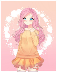 Size: 1280x1614 | Tagged: safe, artist:usagichannya01, fluttershy, human, g4, anime, blushing, clothes, cute, cutie mark on human, female, heart, humanized, looking at you, off shoulder, shyabetes, skirt, socks, solo, sweater, sweatershy, thigh highs, zettai ryouiki