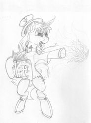 Size: 573x773 | Tagged: safe, oc, oc only, oc:black cross, pony, unicorn, book, boots, casting a spell, fire, fireball, sketch, solo
