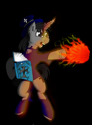 Size: 1146x1546 | Tagged: safe, artist:micaruss, oc, oc only, oc:black cross, pony, unicorn, book, boots, casting a spell, digital art, fire, fireball, glowing horn, horn, lighting, solo