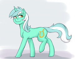 Size: 1614x1219 | Tagged: safe, artist:haruhi-il, lyra heartstrings, pony, unicorn, g4, female, green coat, looking up, mare, one leg raised, solo, two toned mane, two toned tail, yellow eyes