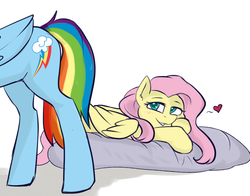 Size: 1849x1449 | Tagged: safe, artist:haruhi-il, fluttershy, rainbow dash, pegasus, pony, backwards cutie mark, blushing, dat ass, eyes on the prize, female, floating heart, flutterdash, heart, lesbian, looking at butt, mare, meme, shipping, simple background, white background