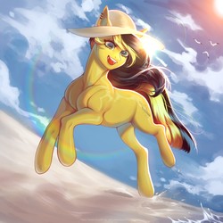 Size: 1280x1280 | Tagged: safe, artist:nyx, oc, oc only, earth pony, pony, beach, hat, running, solo, sun, sun hat, water