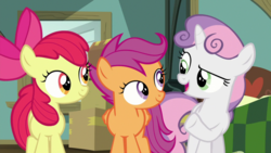 Size: 1920x1080 | Tagged: safe, screencap, apple bloom, scootaloo, sweetie belle, earth pony, pony, g4, the last crusade, cutie mark crusaders