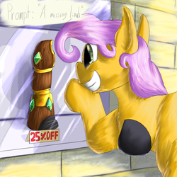 Size: 1584x1584 | Tagged: safe, artist:firefanatic, oc, earth pony, pony, amputee, blank flank, chest fluff, excited, misleading thumbnail, prompt, prosthetic limb, prosthetics, sale, smiling, window