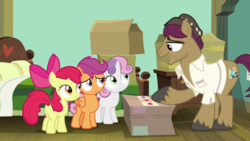 Size: 1920x1080 | Tagged: safe, screencap, apple bloom, scootaloo, snap shutter, sweetie belle, earth pony, pegasus, pony, unicorn, g4, the last crusade, cutie mark crusaders, female, filly, foal, group, male, quartet, stallion