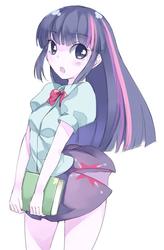 Size: 657x1000 | Tagged: safe, artist:sekizai, twilight sparkle, equestria girls, g4, anime, blushing, book, clothes, cute, female, miniskirt, moe, open mouth, pleated skirt, simple background, skirt, skirt lift, solo, thighs, twiabetes, white background