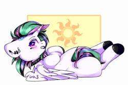 Size: 3000x2000 | Tagged: safe, artist:etoz, princess celestia, alicorn, pony, g4, black eyeshadow, blushing, butt, choker, collar, commission, cute, ear piercing, eyeshadow, female, high res, horn, looking at you, looking back, looking back at you, makeup, mare, nudity, offscreen character, piercing, plot, presenting, punk, punklestia, simple background, solo, spiked choker, spiked collar, teeth, wingding eyes, wings, ych result