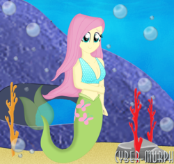Size: 2505x2367 | Tagged: safe, artist:cyber-murph, fluttershy, mermaid, equestria girls, g4, belly, bikini, bikini top, breasts, cleavage, clothes, coral reef, cove, cute, flowing hair, high res, mermaidized, midriff, rock, shyabetes, species swap, swimsuit, underwater