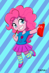 Size: 667x1000 | Tagged: safe, artist:empyu, pinkie pie, equestria girls, g4, 30 minute art challenge, chocolate, clothes, eating, female, food, pocky, socks, solo, striped socks