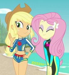 Size: 465x505 | Tagged: safe, artist:thedarkpony, edit, edited screencap, screencap, applejack, fluttershy, equestria girls, equestria girls specials, g4, my little pony equestria girls: better together, my little pony equestria girls: forgotten friendship, applejack's beach shorts swimsuit, clothes, cropped, eyes closed, female, fetish, fluttershy's wetsuit, implied pissing, implied urine, implied wetting, onomatopoeia, pee edit, peeing in wetsuit, story included, swimsuit, wetsuit