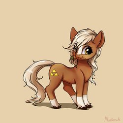 Size: 3200x3200 | Tagged: safe, artist:miokomata, earth pony, pony, carrot, commissioner:darnelg, epona, epony, female, food, high res, mare, mouth hold, ponified, simple background, solo, the legend of zelda, triforce, unshorn fetlocks