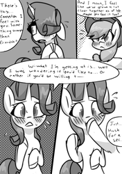 Size: 1024x1458 | Tagged: safe, artist:provolonepone, applejack, rarity, earth pony, pony, unicorn, comic:a sapphic story, g4, applejack's hat, blushing, blushing profusely, comic, cowboy hat, fidgeting, hat, hoof over mouth, implied lesbian, implied rarijack, implied shipping, monochrome, speech bubble