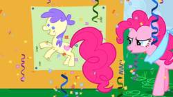 Size: 1280x720 | Tagged: safe, screencap, pinkie pie, earth pony, pony, g4, the ticket master, blindfold, confetti, cute, diapinkes, female, mare, pin the tail on the pony, solo, streamers