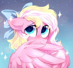 Size: 1461x1369 | Tagged: safe, artist:mirtash, oc, oc only, oc:bay breeze, pegasus, pony, blushing, bow, cute, ear fluff, female, grooming, hair bow, heart, heart eyes, mare, ocbetes, pegasus oc, preening, solo, sparkles, wing noms, wingding eyes, wings