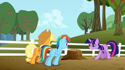 Size: 1280x720 | Tagged: safe, screencap, applejack, rainbow dash, twilight sparkle, earth pony, pegasus, pony, unicorn, g4, the ticket master, apple, apple tree, applejack's hat, butt, cowboy hat, female, hat, mare, plot, sweet apple acres, tree, tree stump, unicorn twilight