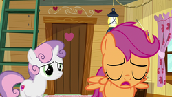 Size: 1280x720 | Tagged: safe, screencap, scootaloo, sweetie belle, pegasus, pony, unicorn, g4, the last crusade, clubhouse, crusaders clubhouse, curtains, door, duo, duo female, eyes closed, female, heart, ladder, sad, sigh, window