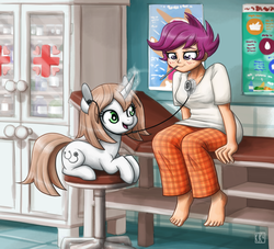 Size: 2400x2176 | Tagged: safe, artist:king-kakapo, scootaloo, oc, oc:healing touch, human, pony, unicorn, g4, barefoot, blushing, clothes, commission, curved horn, duo, feet, female, high res, horn, human and pony, human female, humanized, listening, magic, mare, older, older scootaloo, pants, prone, shirt, sitting, stethoscope, t-shirt, telekinesis, thermometer