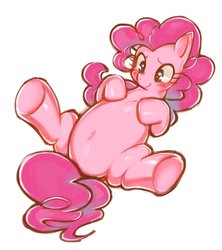Size: 1014x1143 | Tagged: safe, artist:wajima, artist:wjmrz, pinkie pie, earth pony, pony, g4, belly, belly button, blushing, chubby, cute, diapinkes, female, legs in air, mare, on back, plump, pudgy pie, simple background, smiling, solo, white background