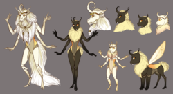 Size: 4920x2671 | Tagged: safe, artist:askbubblelee, oc, oc only, changeling, changeling queen, anthro, unguligrade anthro, anthro oc, braid, braided beard, braided ponytail, braided tail, changeling oc, changeling queen oc, curved horn, fangs, female, holeless, horn, long hair, long mane, multiple limbs, simple background, sketch, solo, yellow changeling