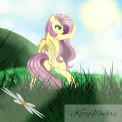 Size: 1000x1000 | Tagged: safe, artist:kittywoofers, fluttershy, pegasus, semi-anthro, fanfic:crossing the trixie bridge, g4, arm hooves, cloud, female, flower, grass, hill, mare, martial arts, sky, solo, sun