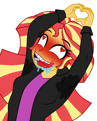 Size: 800x1000 | Tagged: safe, artist:mashoart, sunset shimmer, equestria girls, g4, ahegao, armpits, blushing, breasts, clothes, creepy, creepy smile, derp, drool, female, heart eyes, heart hands, jacket, open mouth, simple background, smiling, solo, sunset yandimmer, sweat, teeth, tongue out, wat, white background, wingding eyes