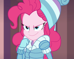 Size: 1350x1080 | Tagged: safe, screencap, pinkie pie, equestria girls, equestria girls specials, g4, my little pony equestria girls: better together, my little pony equestria girls: holidays unwrapped, saving pinkie's pie, adorabolical, clothes, cropped, cute, diapinkes, evil smile, female, grin, hat, jacket, mittens, scheming, smiling, smirk, solo, toque, winter jacket, winter outfit