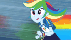 Size: 600x338 | Tagged: safe, screencap, rainbow dash, equestria girls, g4, my little pony equestria girls: better together, run to break free, animated, cute, dashabetes, geode of super speed, gif, magical geodes, ponied up, singing, solo, transformation