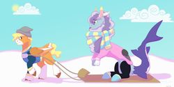 Size: 1280x640 | Tagged: safe, artist:itstechtock, oc, oc only, oc:sketch a. doodle, oc:tech tock, draconequus, pegasus, pony, clothes, female, male, mare, scarf, sled, sweater