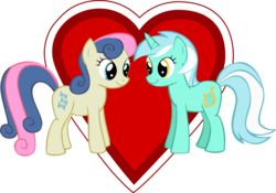 Size: 2174x1518 | Tagged: safe, artist:oceanbreezebrony, bon bon, lyra heartstrings, sweetie drops, pony, g4, female, heart, lesbian, ship:lyrabon, shipping, show accurate, simple background, transparent background
