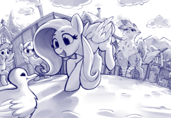Size: 2912x2000 | Tagged: safe, artist:dimfann, fluttershy, gilda, bird, duck, griffon, pegasus, pony, unicorn, series:pony re-watch, g4, griffon the brush off, cute, eyes on the prize, female, high res, mare, monochrome, open mouth, scene interpretation, shyabetes, this will end in tears, walking, walking backwards