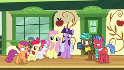 Size: 1920x1080 | Tagged: safe, screencap, apple bloom, biscuit, fluttershy, scootaloo, spur, sweetie belle, twilight sparkle, alicorn, pony, g4, growing up is hard to do, box, cutie mark crusaders, older, twilight sparkle (alicorn)